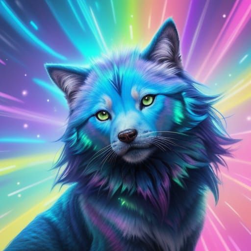 Celestial Kitsune in Vibrant Neon Digital Art