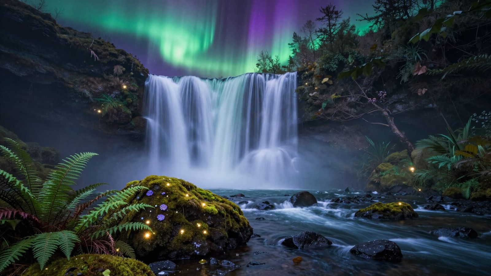 Aurora Falls: Northern Lights Cascade Over Frozen Waterfall