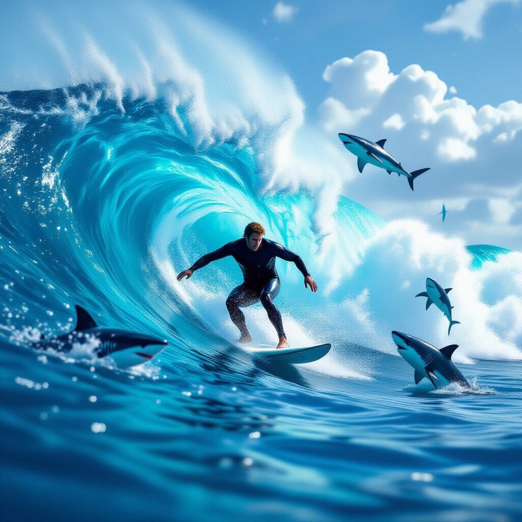 Surfer Rides Storm Waves with Leaping Sharks
