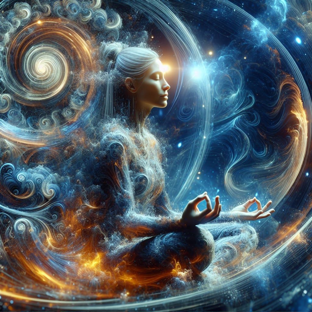 Meditating Woman Surrounded by Cosmic Energy