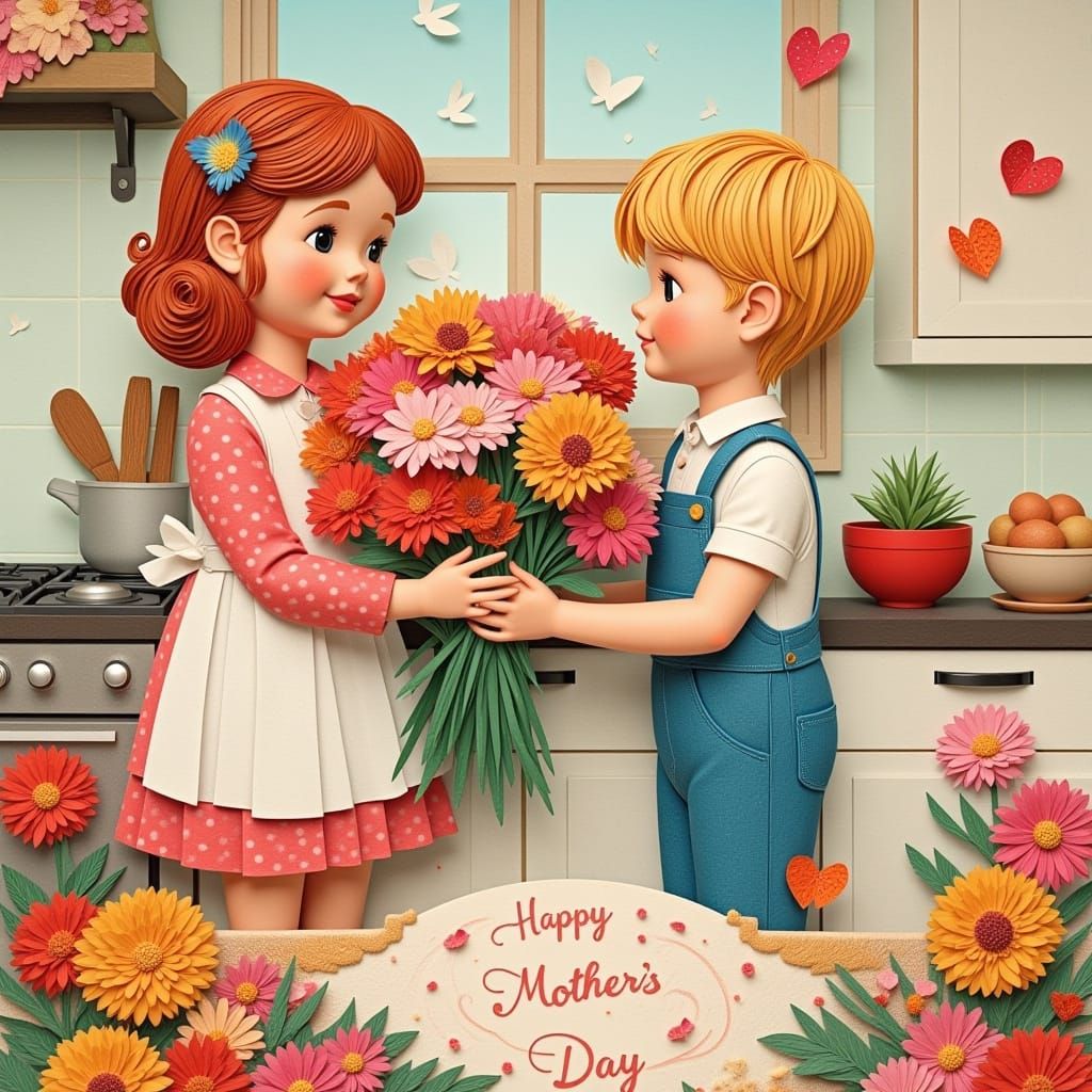 Mother's Day Paper Art: Boy Gives Flowers in Kitchen