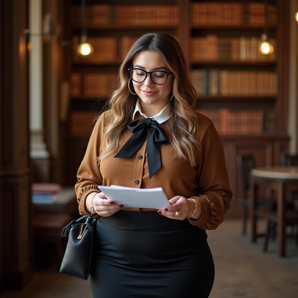 Confident Plus Size Teacher in Elegant Library at Sunset