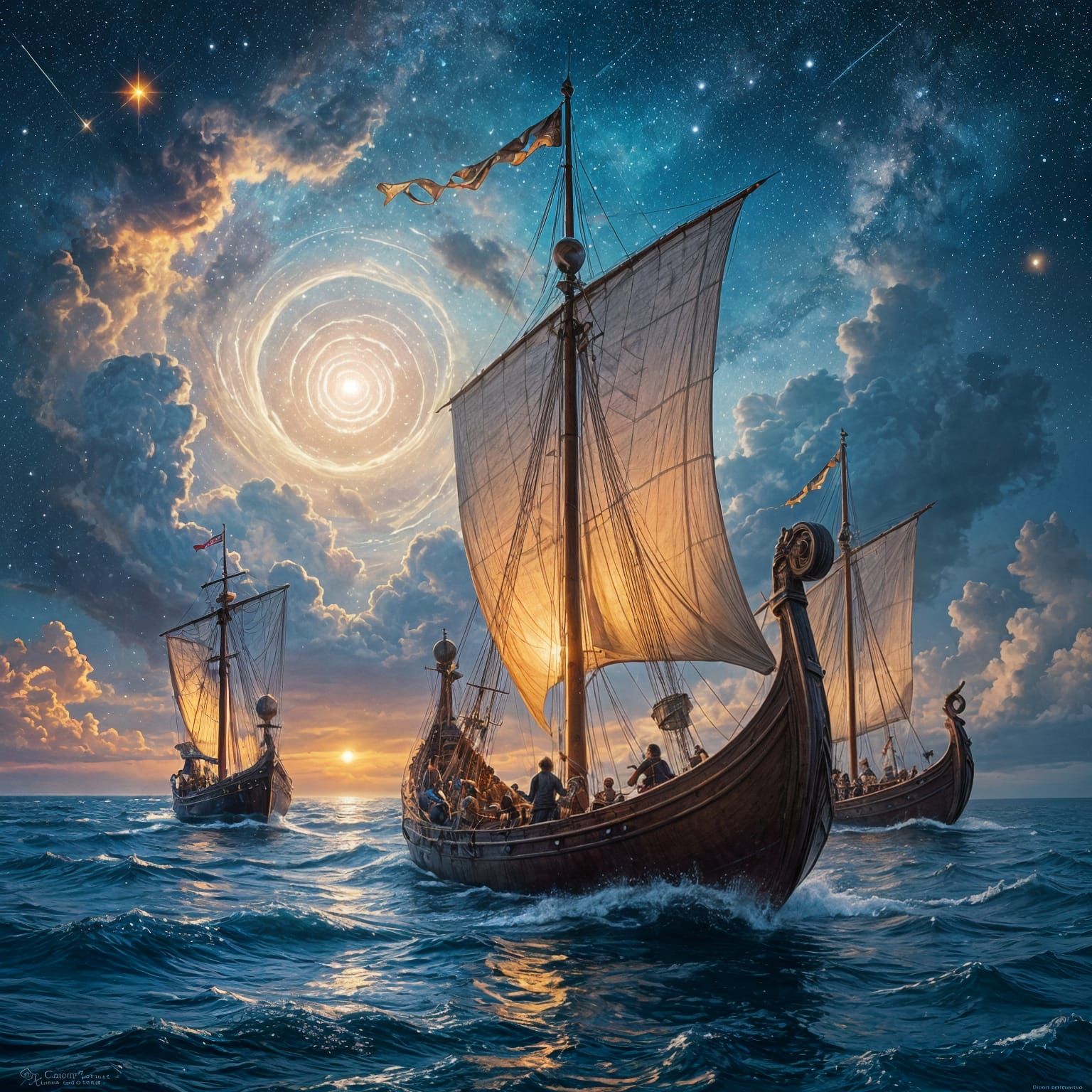 Cosmic Viking Longships Sailing Nebulae Skies