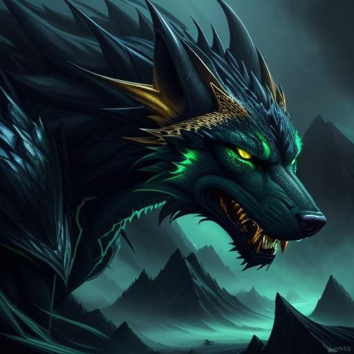 Black and Gold Wolf Dragon Hybrid Roaring