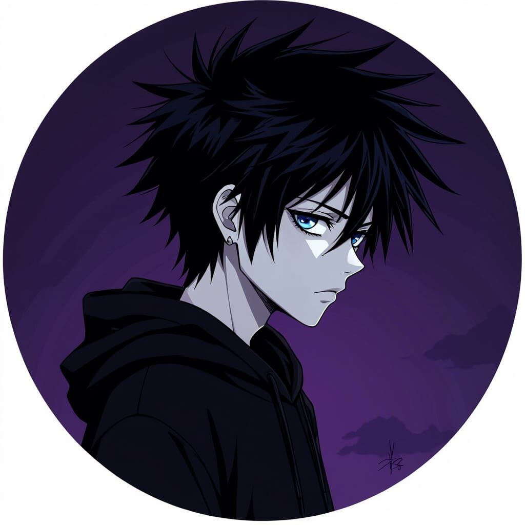 Emo Anime Boy in Circle Frame with Dramatic Lighting