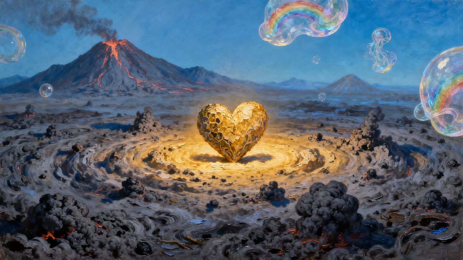 Surreal Love Landscape of Volcanic Ash and Rainbow Dreams