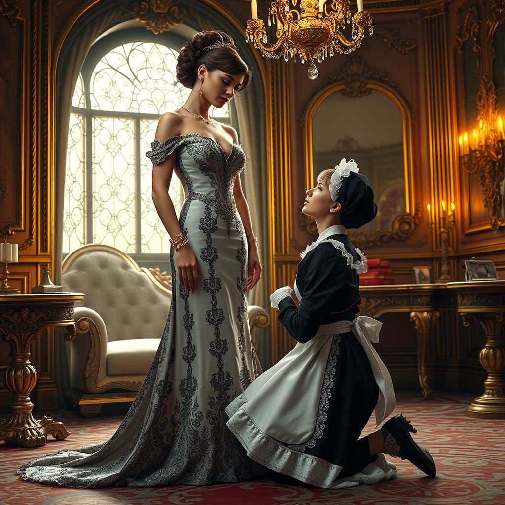 Elegantly Dressed Mistress in Opulent Boudoir