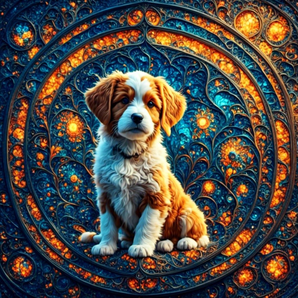 Puppies Chase Tails in Stained Glass Fractal Landscape