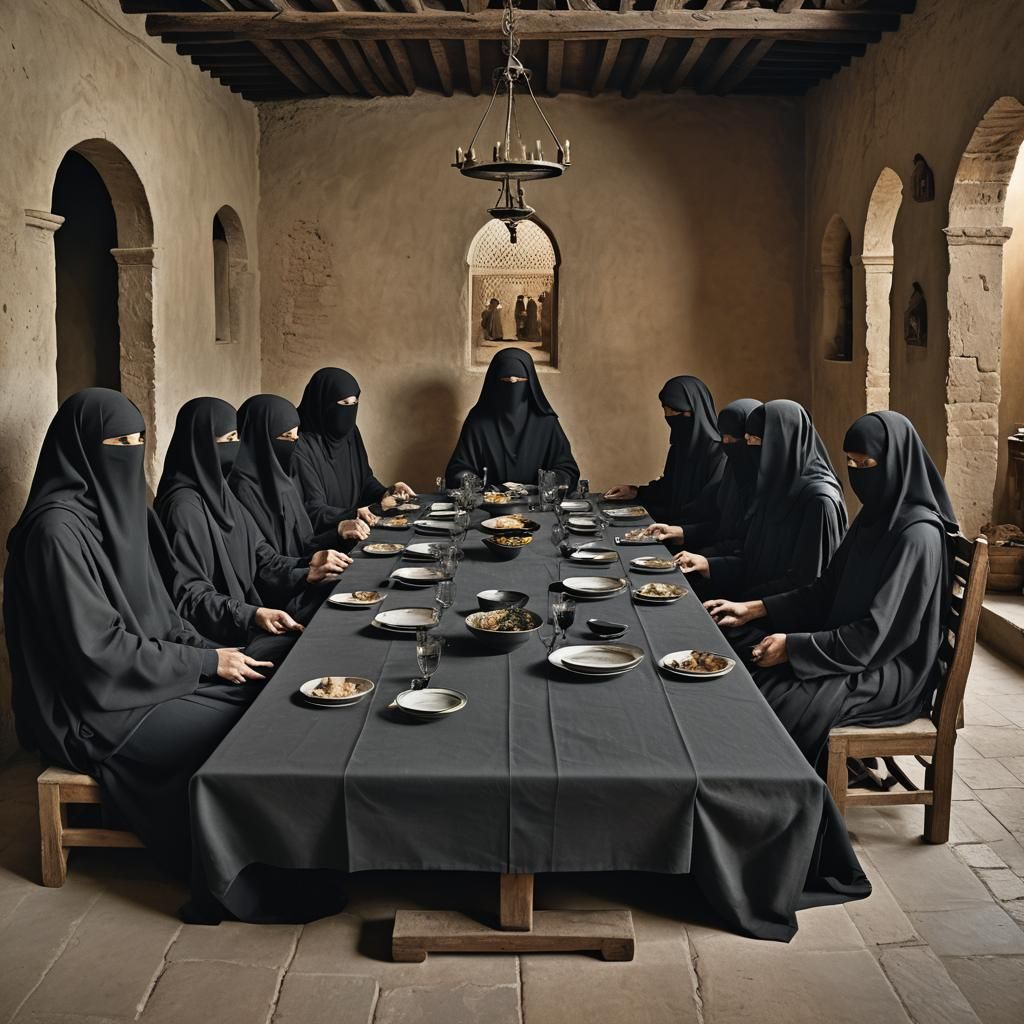 Last Supper Reimagined with Figures in Burkas