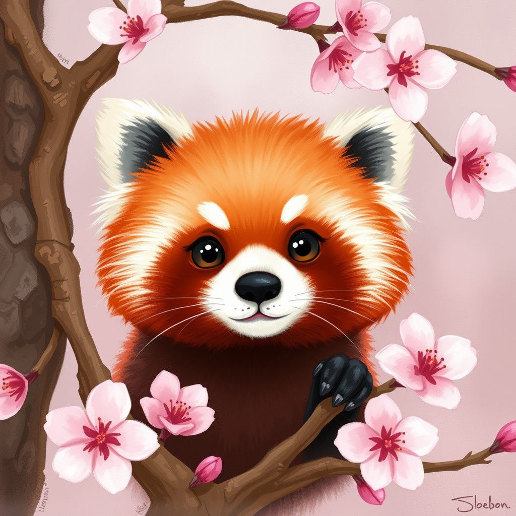 Playful Red Panda with Cherry Blossoms