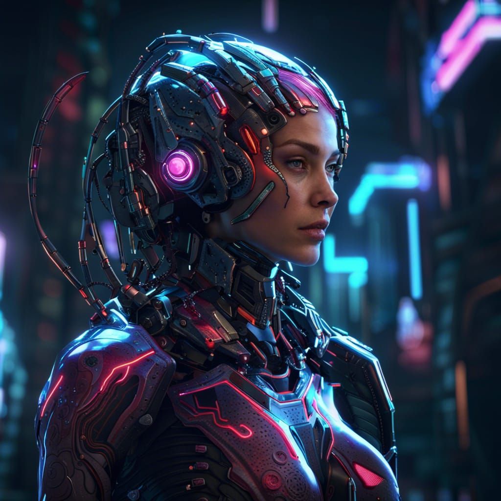 Evil Female Cyborg with Neon Accents in 3D