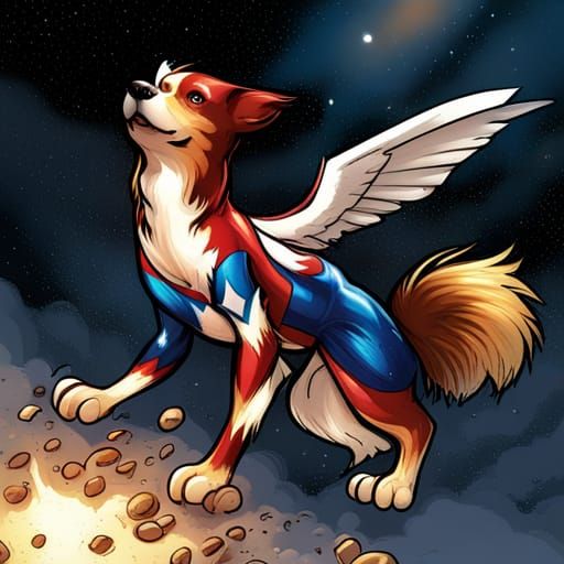 Superhero Dog Soaring in Comic Book Art Style