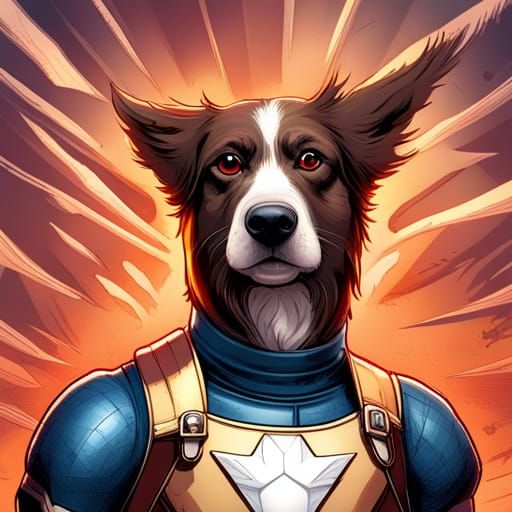 Superhero Dog Flies in Comic Book Art Style