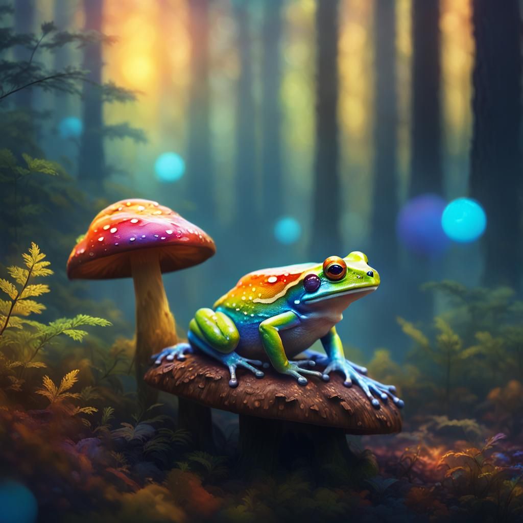 Rainbow Frog on Mushroom in Misty Forest