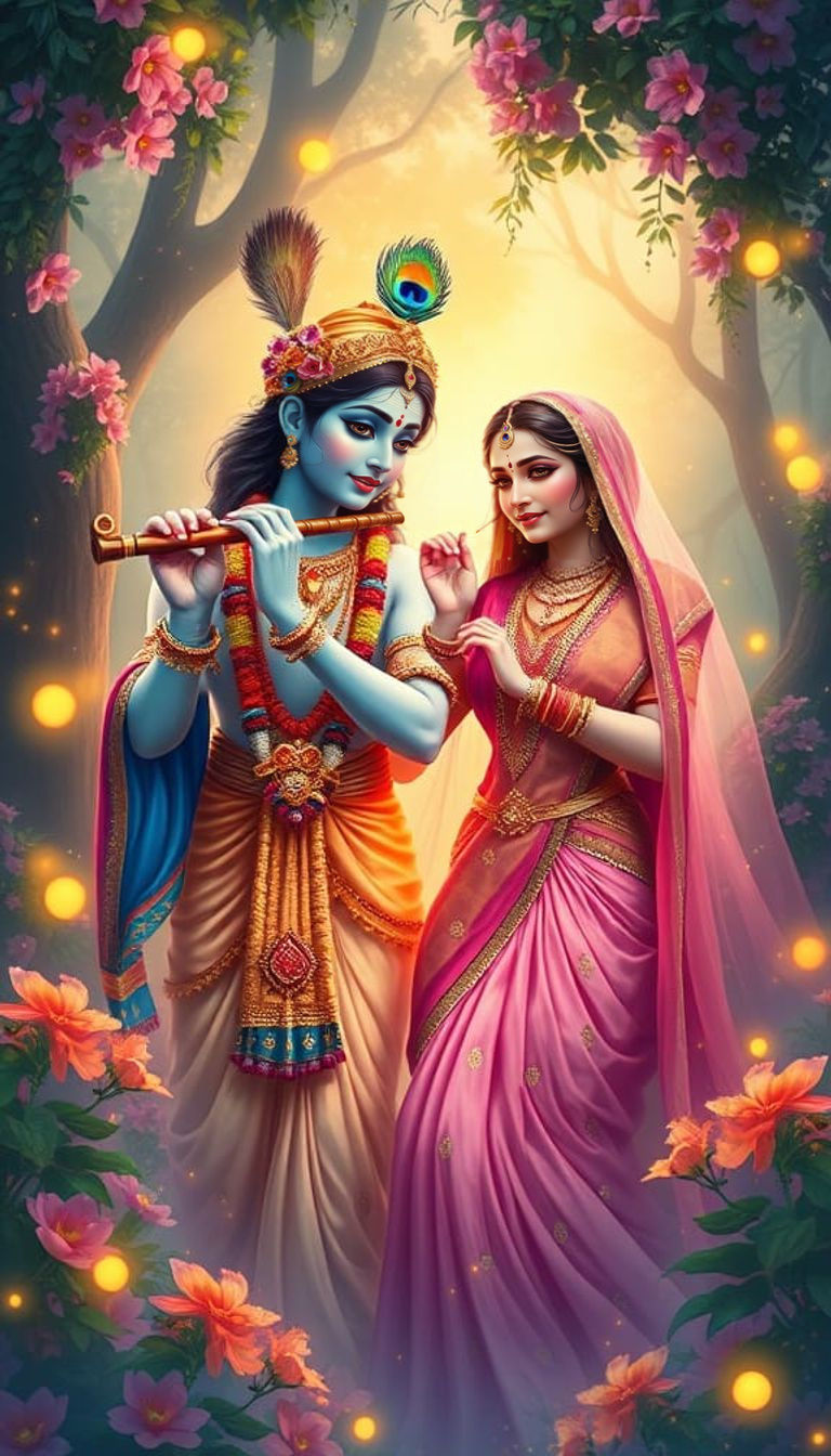Ethereal Lord Krishna and Radha in Dreamy Vrindavan Landscap...