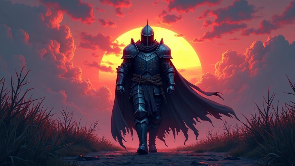 8-Bit Knight Walks Towards Ominous Sunset