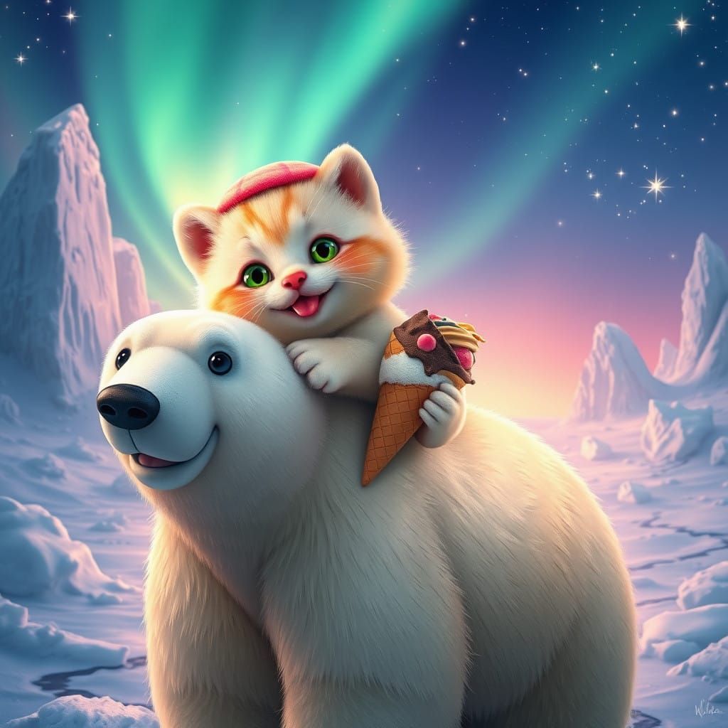 Whimsical Kitten and Polar Bear Scene in Vibrant, Snowy Land...