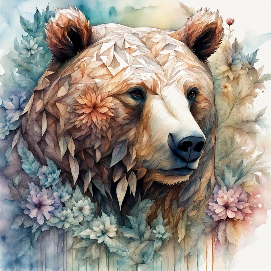 Fantasy Watercolor Kirigami Bear Illustration