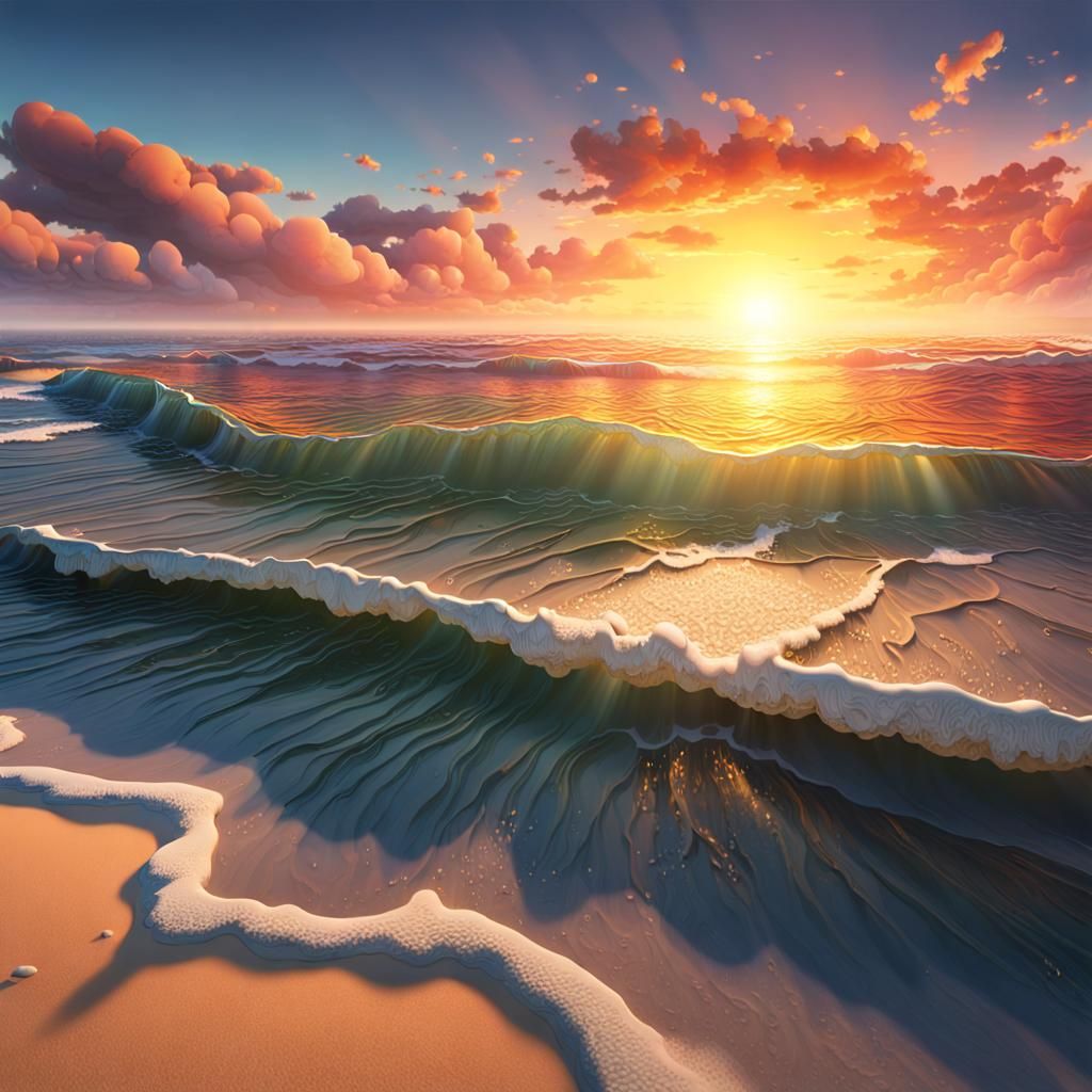 Colorful Sunrise Over Ocean Beach, Cel-Shaded Art