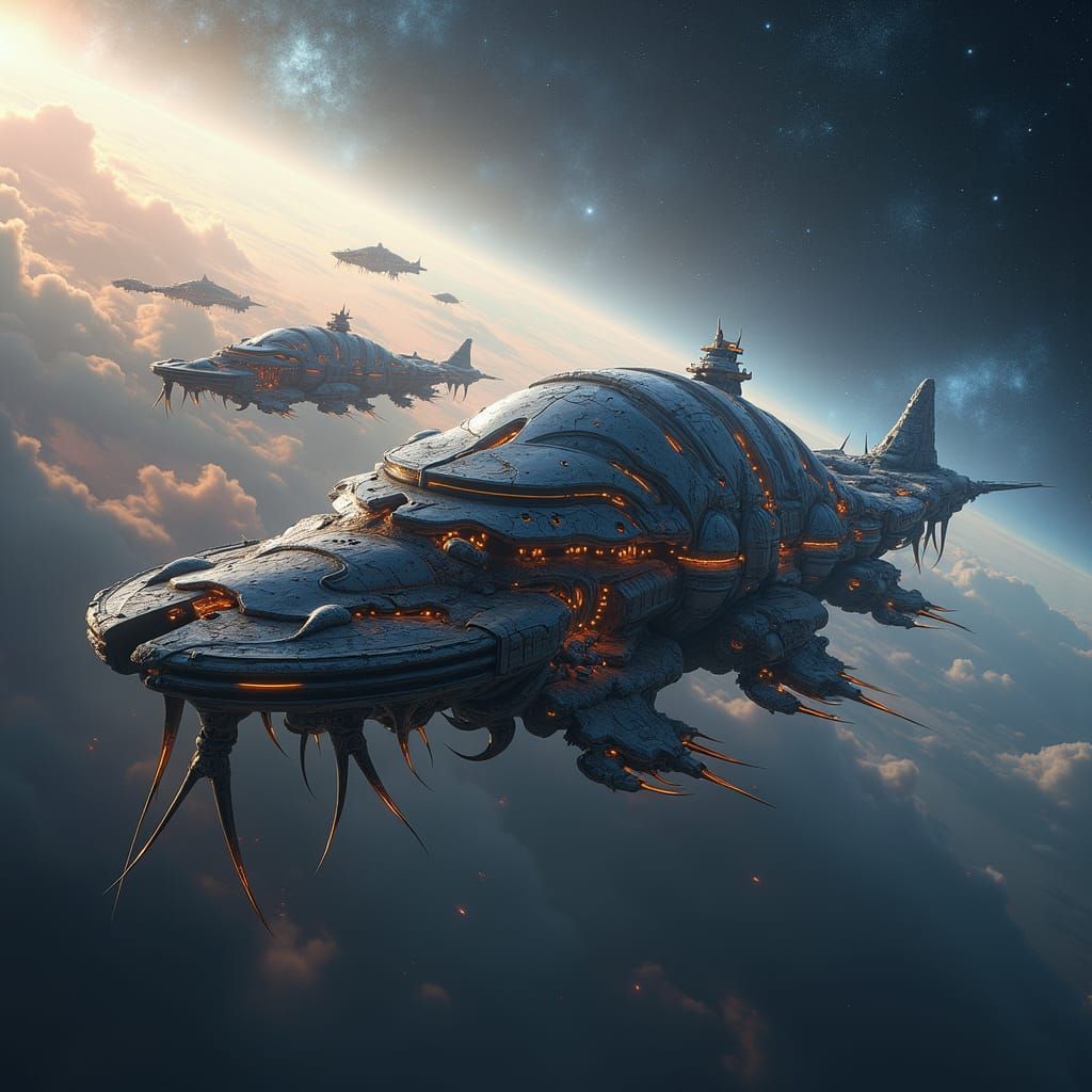 Colossal Nautiloid Ships Glide Through Star-Studded Space