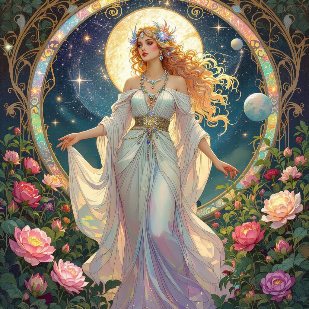 Celestial Goddess in Cosmic Garden, Art Nouveau Style