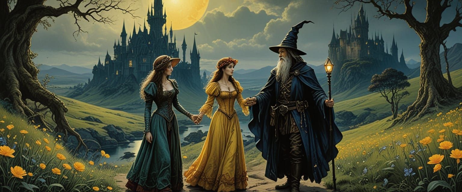 Wizard and Lady Amidst Glowing Flowers in Eerie Light