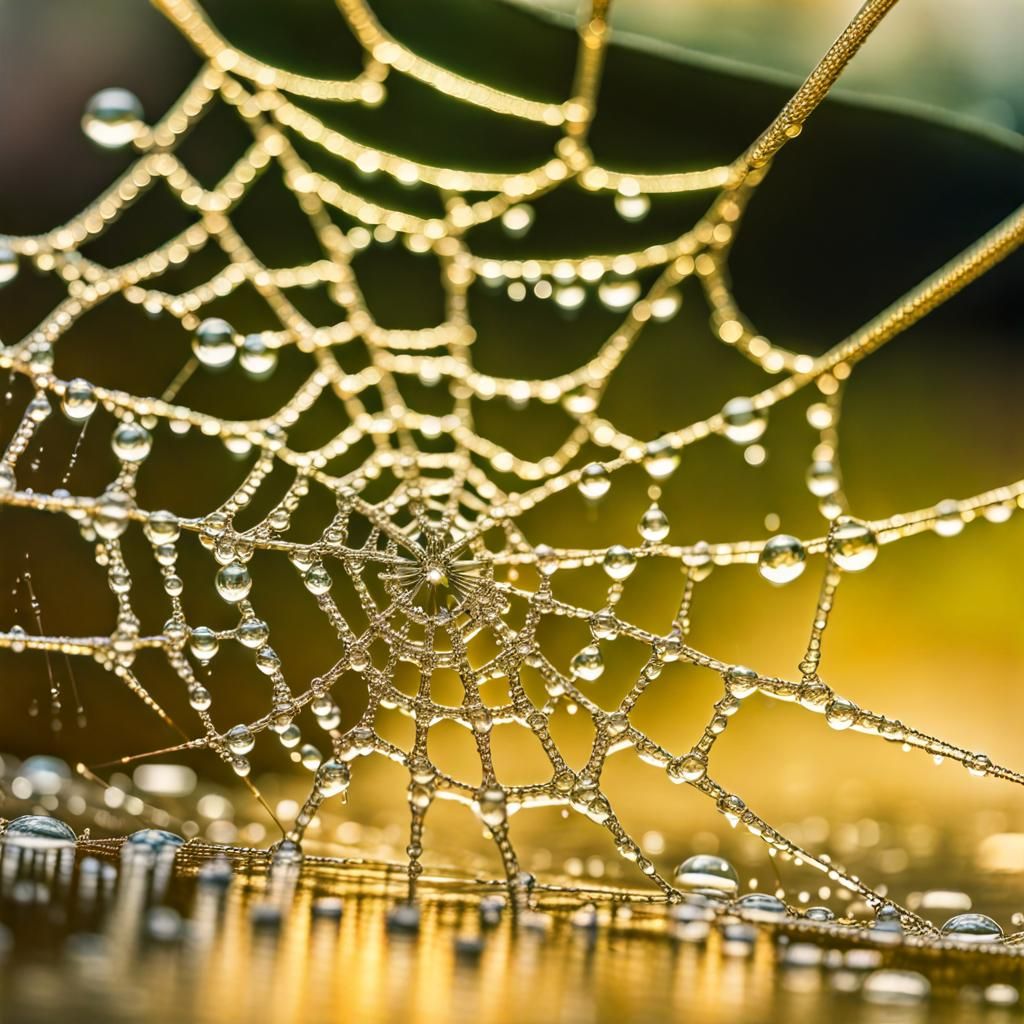 Golden Spiderweb with Raindrops in Macro HDR