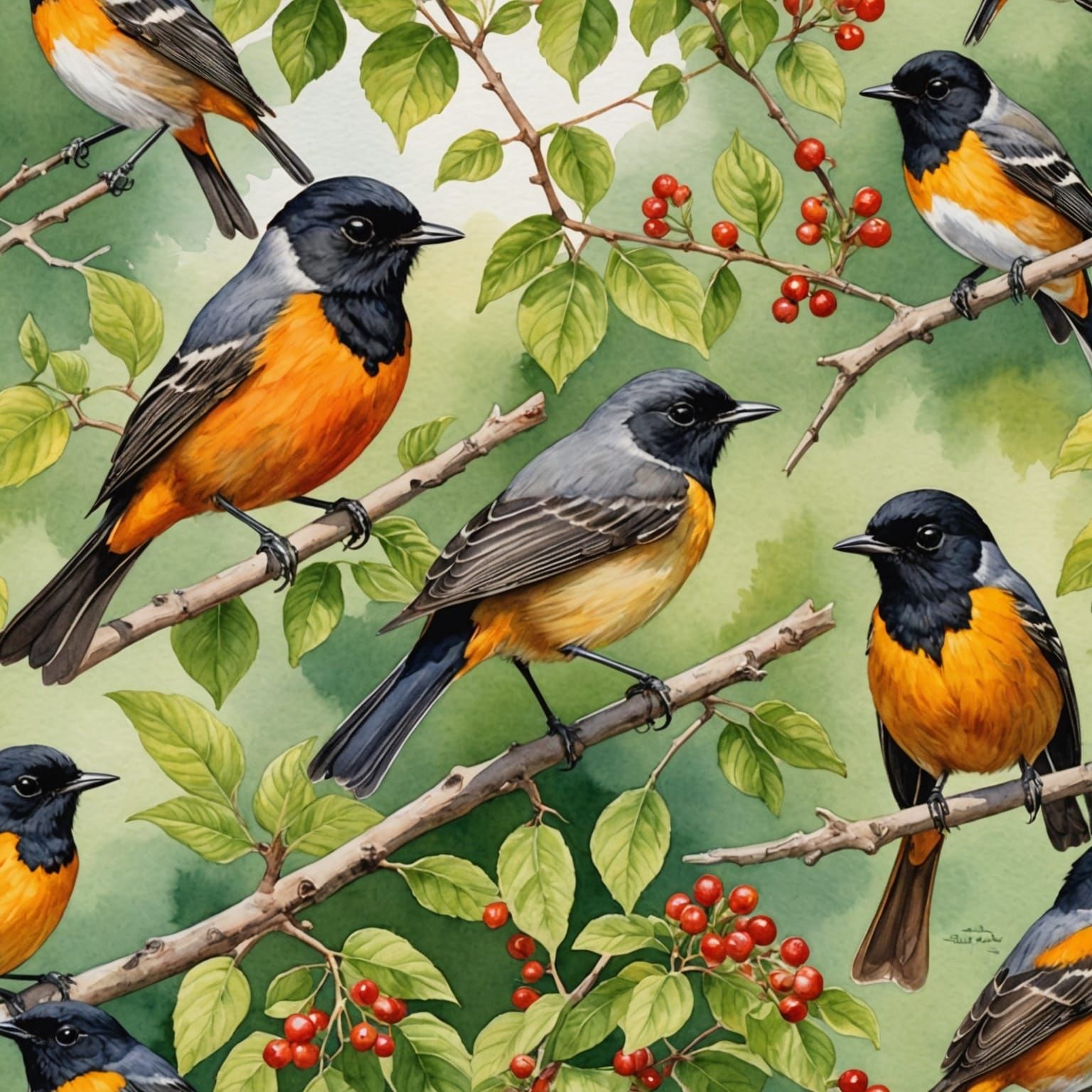 Watercolor Painting of American Redstarts