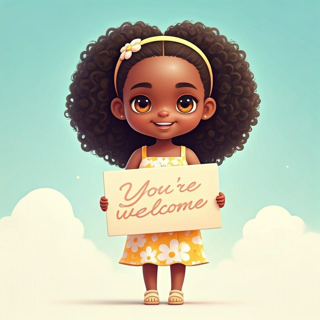 Adorable Chibi Girl with Welcome Sign in Anime Style