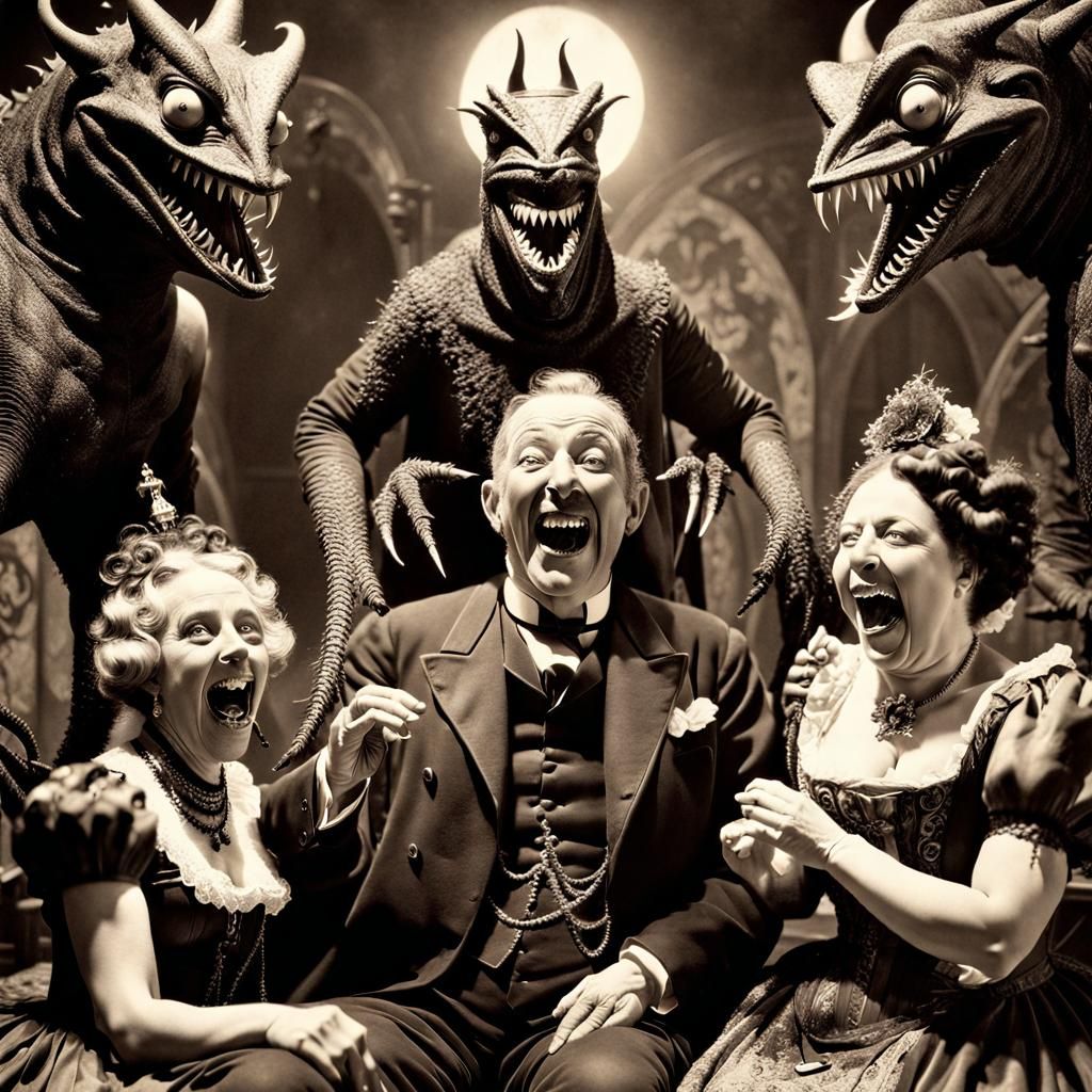 Nightmarish Monster Poses with Victorian Ladies
