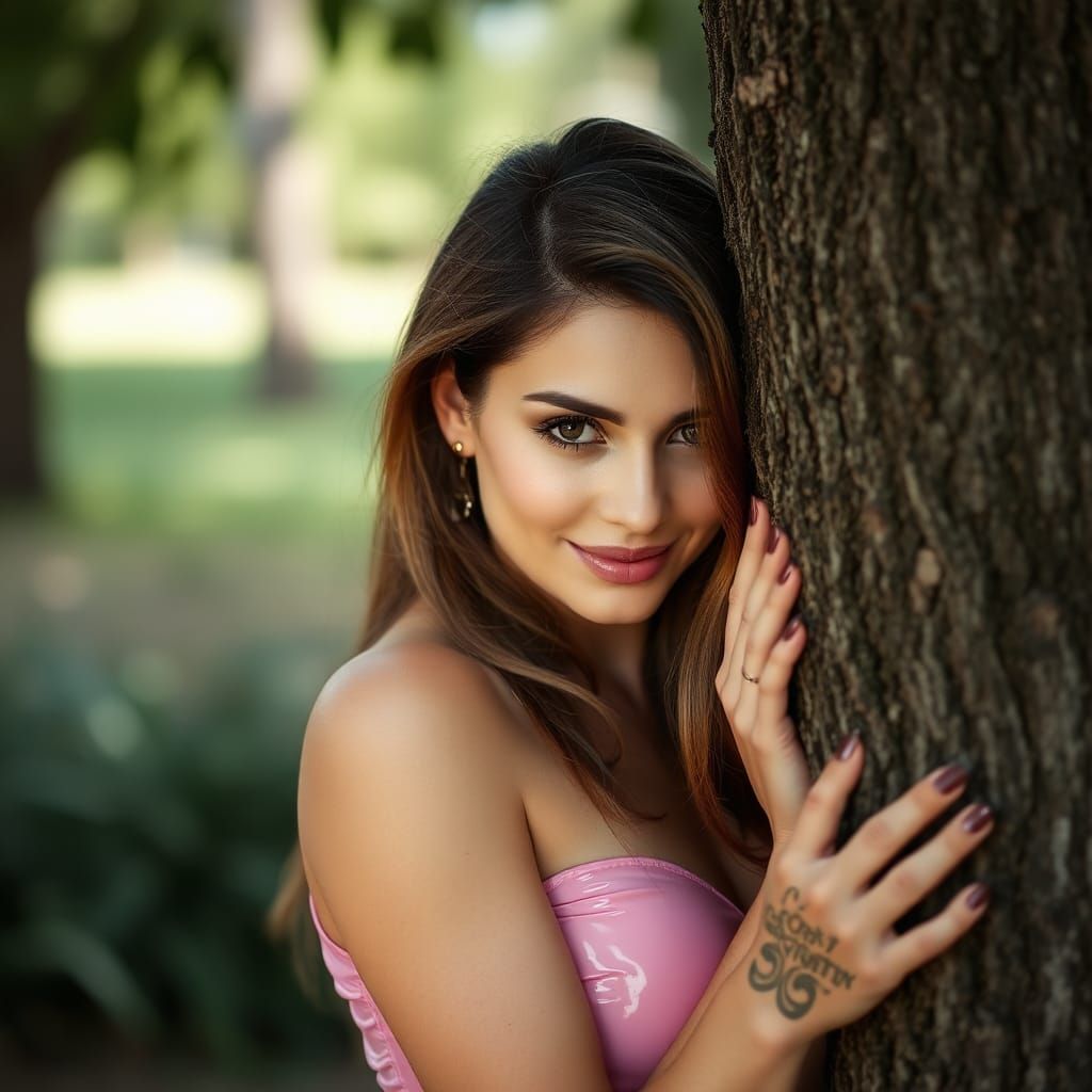 Smiling Woman in Pink Latex Dress Hiding