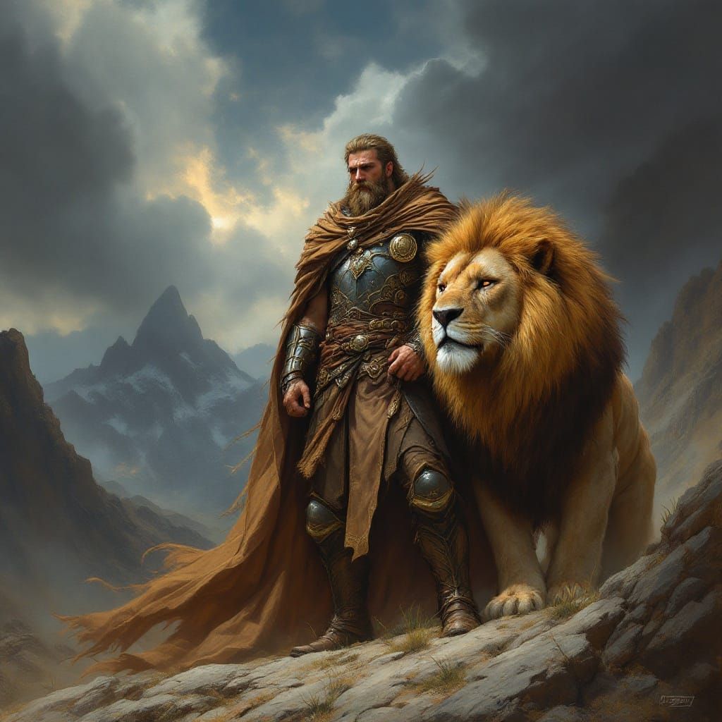 Armored Ranger Lord and Lion in Stormy Landscape