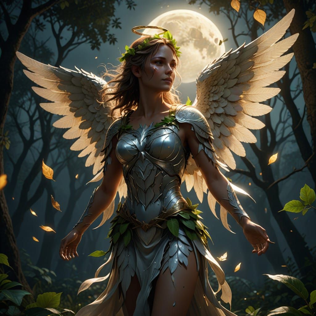 Angel Bathed in Ethereal Moonlit Leaves