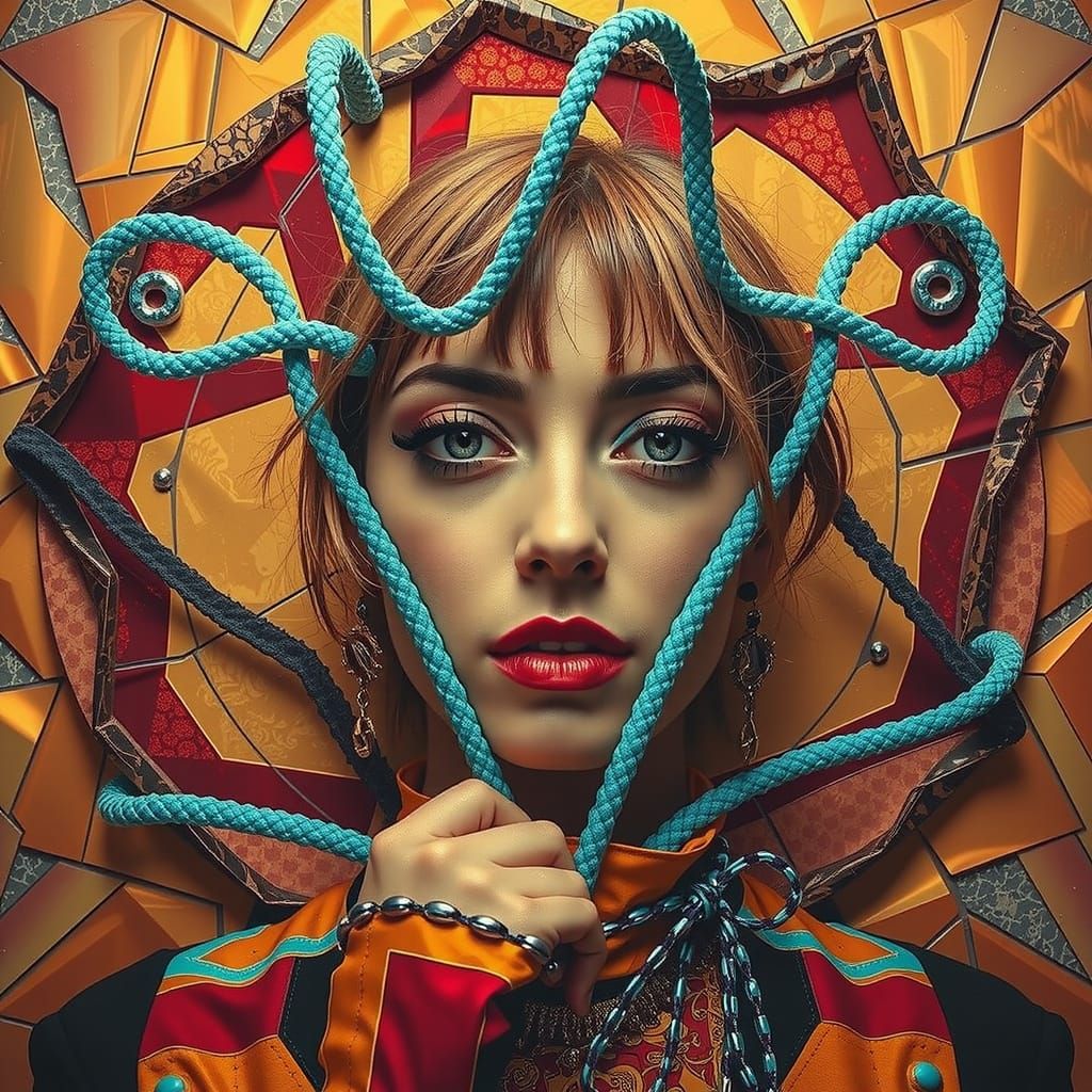 Flamboyant Woman in Chaotic Style with Projected Overlay