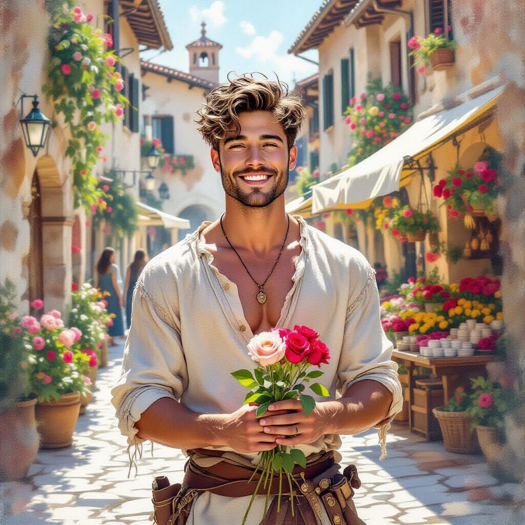 Gay Man Sells Roses in Italian Courtyard, Ethereal Glow
