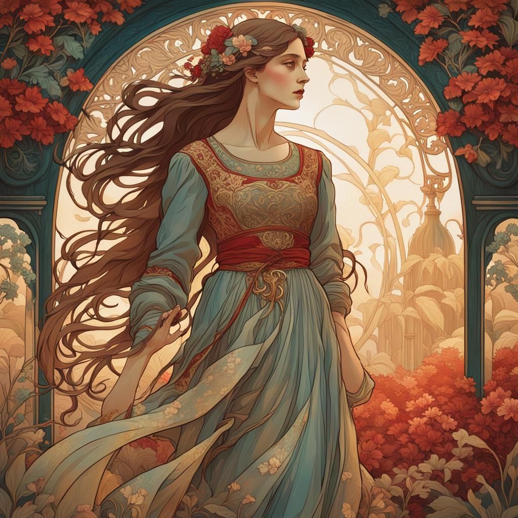 Art Nouveau Woman in Garden, Mucha Style