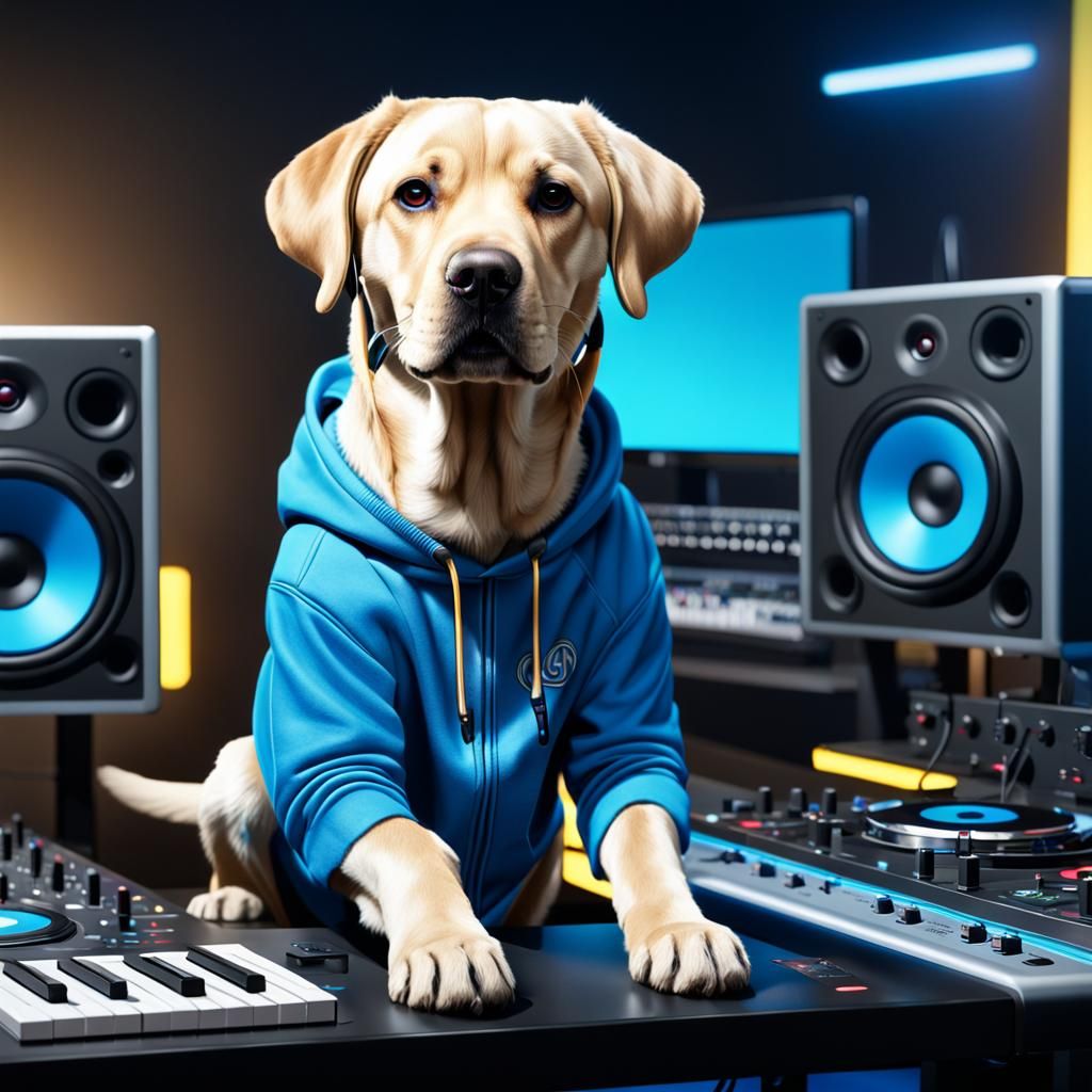 Labrador Retrievers DJing in Hyperrealistic 8K