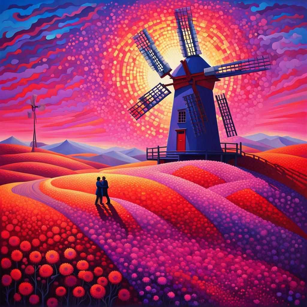Psychedelic Embrace by a Windmill in Pointillism Style