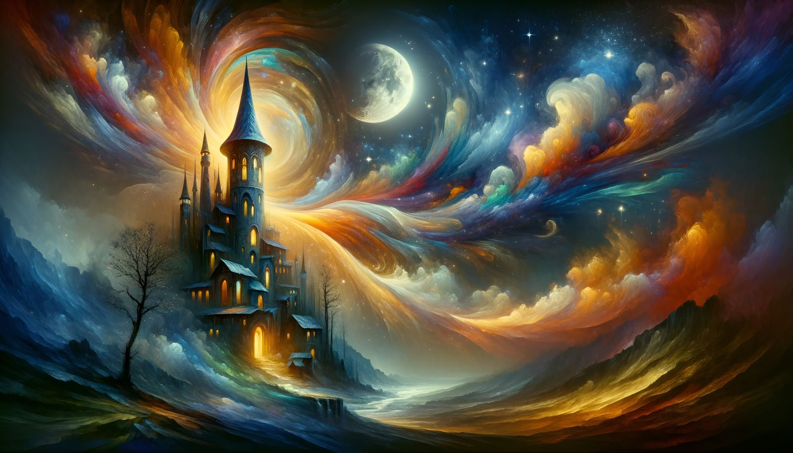 Magical Wizard's Tower in Gleaming Moonlight Watercolor