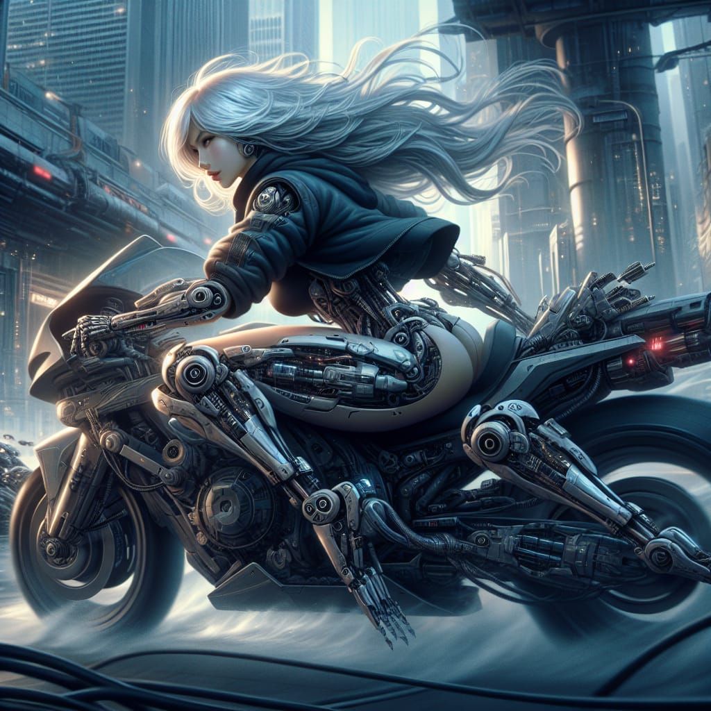 Cyborg on Motorcycle: Detailed Matte Painting