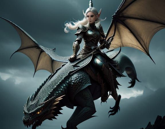 Elf Girl Riding Dragon in Moody Atmospheric Lighting