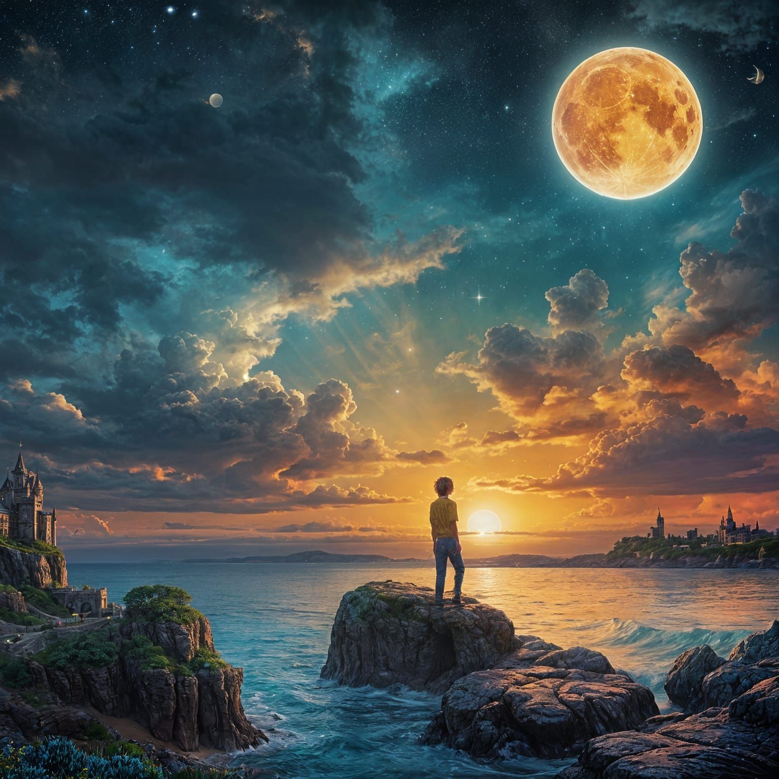 Boy on Rock in Fantasy Landscape with Fiery Moon