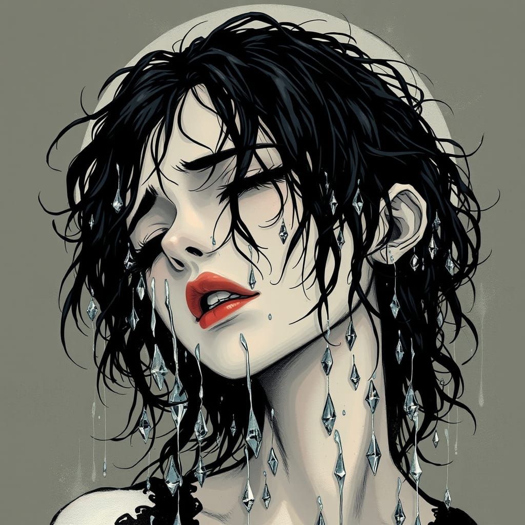 Melancholic Goth Woman Sobs in a Deluge of Tears