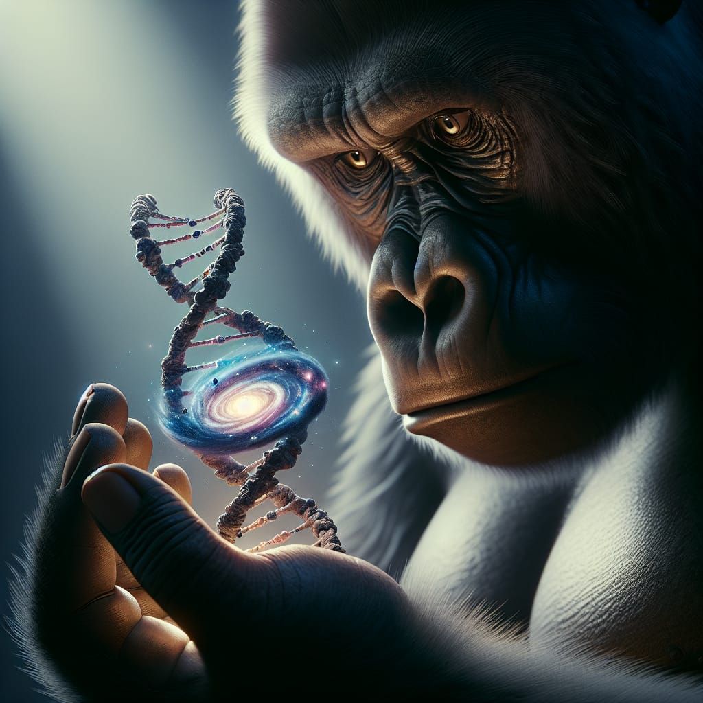 A Gorilla Contemplates Infinity in Cosmic Surrealism