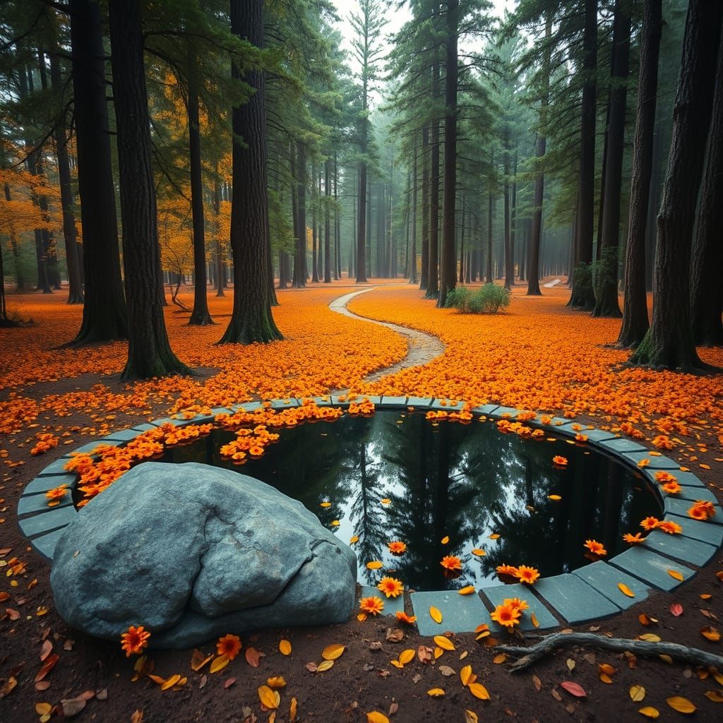 Dreamlike Forest Scene with Reflecting Pool