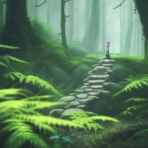 Mystical Anime Forest with Ancient Statue