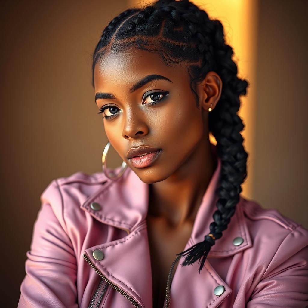 Brown Skinned Woman in Pink Leather Jacket Portrait
