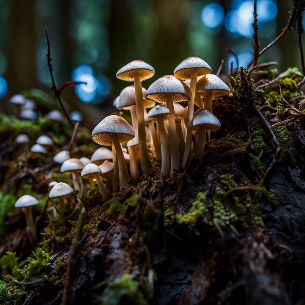 a group of mushrooms growing on a tree, a close up photograph, Mycena haematopus, sharply focused, highly detailed, good...