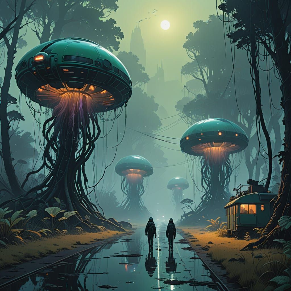 Ethereal Alien Jungle with Glowing Flora and Translucent Cre...