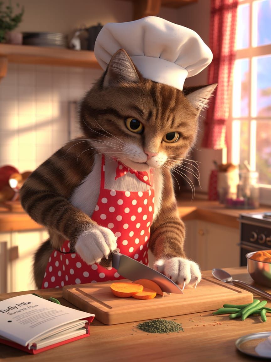 Whimsical Feline Chef Prepares Sweet Potato Delight
